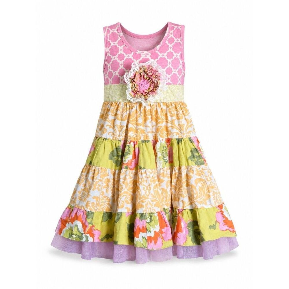 Giggle Moon Girls 4T Floral Patchwork Tiered Dress Pink Boho Cottagecore Damask
